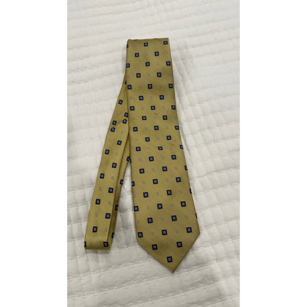 Chaps Ralph Lauren Gold Herringbone Silk Tie Blue Geometric Pattern Mens